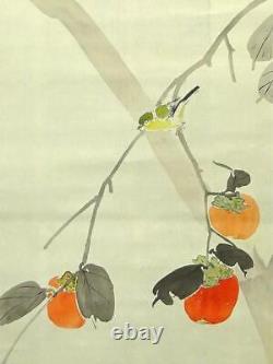 Japan Vintage Kakejiku Hanging Scroll Chiaki Persimmons For Small Birds And Fl