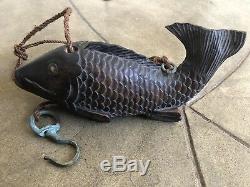 Japanese 19th Century Hand-Carved Wooden KOI Fish Crossbar For Hanging Pots