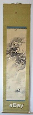 Japanese Antique Hanging Scroll Art Silk Painting Dragon Sined Japan Original
