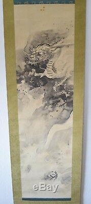 Japanese Antique Hanging Scroll Art Silk Painting Dragon Sined Japan Original