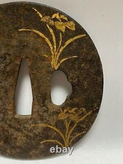 Japanese Antique Samurai Iron TSUBA Katana Gold Flower Inlay design (b395)? /20