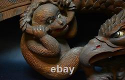 Japanese Antique Wood Carving Falcon & Monkey Extra Large Sculpture Edo Era