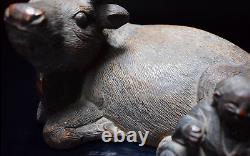 Japanese Antique Woodcarving Cow and Child Late Edo Period