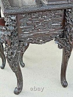 Japanese Art Nouveau antique Wood carved vanity dresser desk with mirror