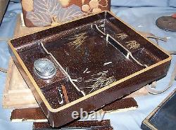Japanese Edo Korin Inlaid Maki-e Lacquer Wood Writing Box-Inkstone-Water Dropper