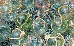 Japanese Glass Fishing FLOATS 2 Netted LOT-30 Round BULK Bridal Pool Tiki Vntg