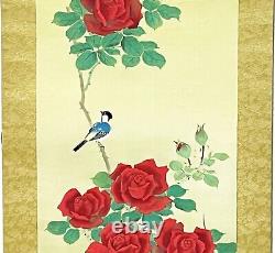 Japanese Kakejiku WithBOX Hanging Scroll Parus minor camellia Painting Antique