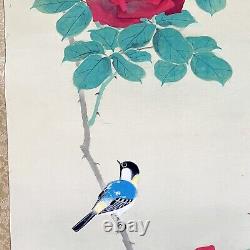Japanese Kakejiku WithBOX Hanging Scroll Parus minor camellia Painting Antique