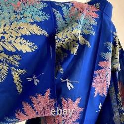 Japanese Kimono Silk Women's Chirimen 151cm Blue Antique