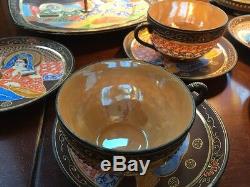 Japanese Kutani Dragon Satsuma Tea Set Moriage Immortals Gold Gilted With Tray