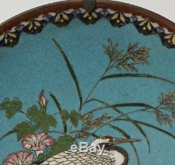 Japanese Meiji White Crane Cloisonne and Bronze Plate