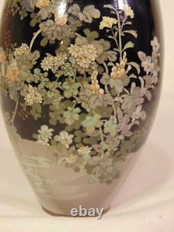 Japanese Silver Wire Cloisonné Meiji Vase Black Flowers Stream Wireless