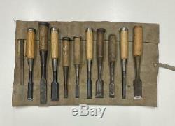 Japanese Used chisel Nomi with Sign Set of 10 Carpentry Tool Japan antique