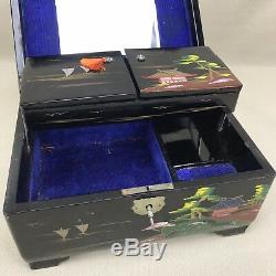 Japanese Vintage Jewelry & Music Box Hand Painted Black Lacquered Inlay Antique