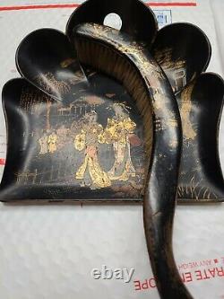 Japanese Wood Lacquer Dustpane&brush Antique Handpainted Pre-owned