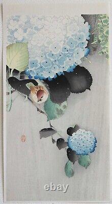 Japanese Woodblock Print Koson Ohara Sparrow on Hydrangea Hanga Woodcut