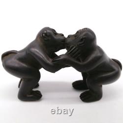 Japanese Wooden NETSUKE Kissing Monkeys Antique Hand Carved Interior OTA694