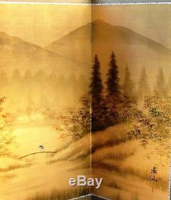 Japanese Yonkyoku Byobu Gold Leaf Folding Screen River and Country Landscape