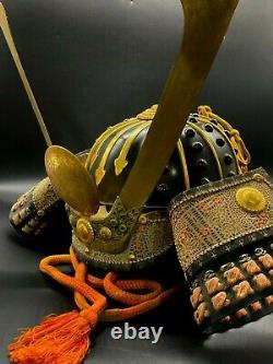Japanese antique samurai armor busho yoroi kabuto with wooden box / vintage FPA
