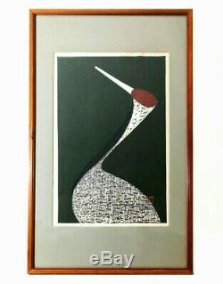 Kaoru Kawano (japan 1916-1965) Modernist Signed Color Woodblock Of Crane, Framed