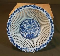 Large Japanese Reticulated Open Work Woven Bowl Kin Ho Gama with Box