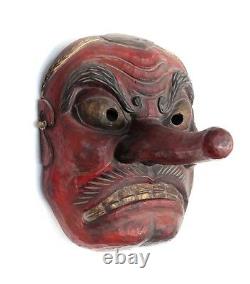 Monumental Japanese Tengu Oni Noh Mask Red black and gold pigments gesso on wood