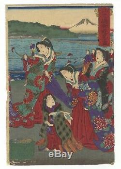 Original Japanese Woodblock Print, Ukiyo-e, Chikanobu, Enoshima, Japan, Beauty