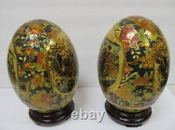 PAIR JAPANESE MAIDENS DETAILED POTTERY EGG SHAPES 6 1/8 H With STANDS XLNT COND