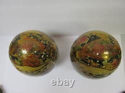 PAIR JAPANESE MAIDENS DETAILED POTTERY EGG SHAPES 6 1/8 H With STANDS XLNT COND