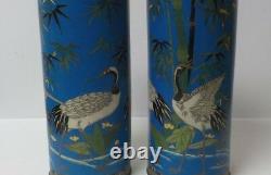 Pair 19th C. Japanese Cloisonne Enamel on Bronze 12 Vases, Cranes