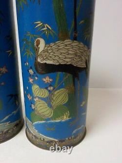 Pair 19th C. Japanese Cloisonne Enamel on Bronze 12 Vases, Cranes