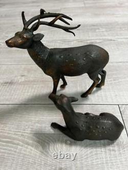 Pair Deer Bronze Statue 7 & 5.3 inch Japanese Antique Figurine
