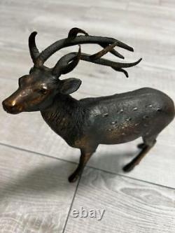 Pair Deer Bronze Statue 7 & 5.3 inch Japanese Antique Figurine