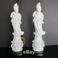 Pair Vintage Blanc de Chine White Kwan Yin Figurine Lamps Seyei China Japan