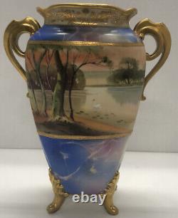 RARE Antique Vintage Hand Painted Nippon Vase FOOTPRINTS WATER TREES BEACH