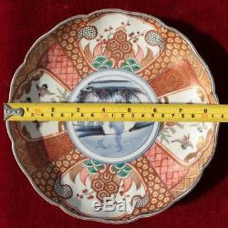 Set Of 6 Japan Kutani Imari Crane Birds Porcelain Plates Fuku Mark Meiji Period