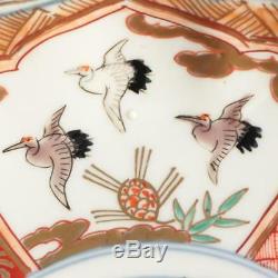Set Of 6 Japan Kutani Imari Crane Birds Porcelain Plates Fuku Mark Meiji Period