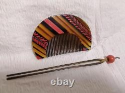 Striped Comb Hairpin Antique Brass Kanzashi