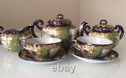 Stunning Rare Antique Japanese Hand Painted Porcelain 7 Piece Tea For Two Set
