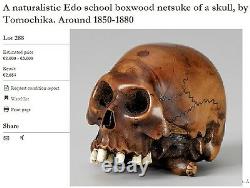 TOMOCHIKA, Edo School Boxwood Netsuke Naturalistic Human Skull