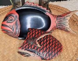 VINTAGE JAPANESE WOOD KAMAKRUA LACQUERWARE SCULPTURE SEA BREAM TAI FISH withLID