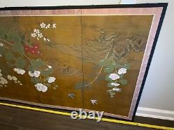VTG 6FT Japanese Byobu Signed Hand Painted 4-Panel Silk Screen