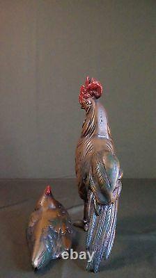 Very Fine Large Japanese Meiji Period Polychrome Bronze Rooster & Hen Statue