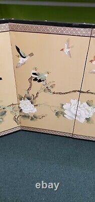 Vintage Asian Silk Screen 4 Panel Hand Painted 70 x 35