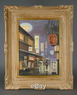 Vintage JAPANESE CITYSCAPE Oil Painting Street View Scene Kimono Kyowagasa