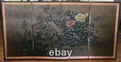 Vintage Japanese Four Panel Screen Painting Artist Signed Floral Motif