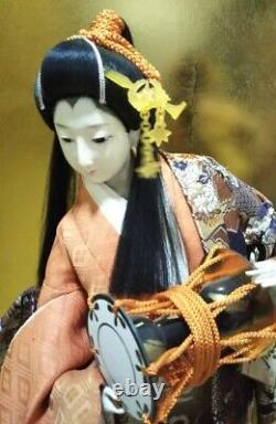 Vintage Japanese Geisha doll in Kimono 23 on wooden base Antique Orange Gold