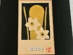 Vintage Japanese Woodblock Print Koaru Kawano MCM Flowers Yellow