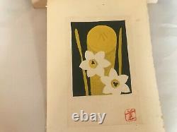 Vintage Japanese Woodblock Print Koaru Kawano MCM Flowers Yellow