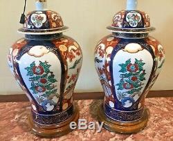 Vintage Pair Imari Japanese Porcelain Jar Table Lamp Hand Painted Floral Motif